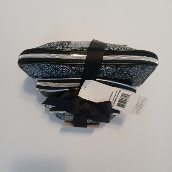 NWT Adrienne Vittadini Studio Set of 3 Cosmetic Bags Black/White Damask Logo - Picture 2 of 5